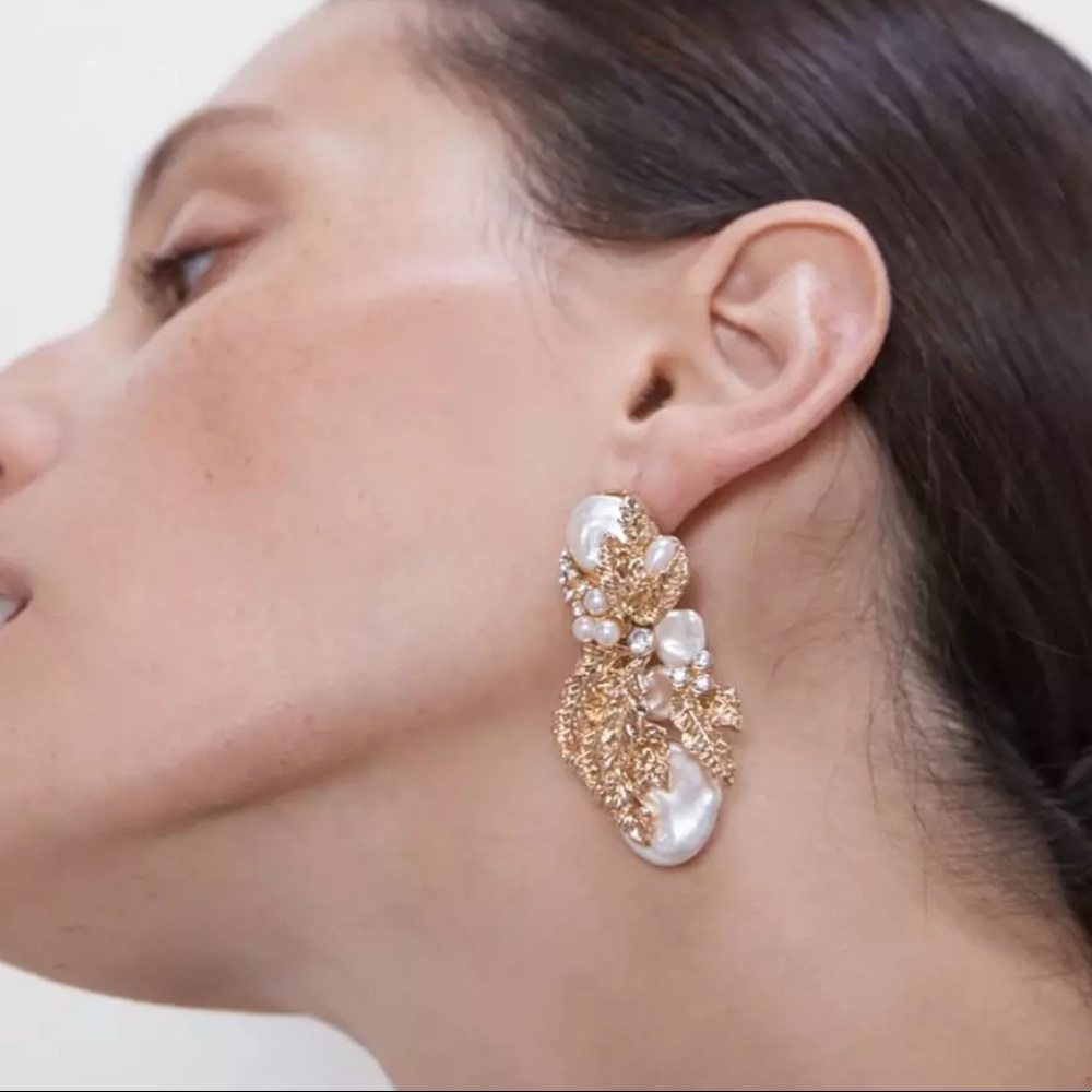 Zara Gold Rhinestone Pearl Earrings - Picture 3 of 8
